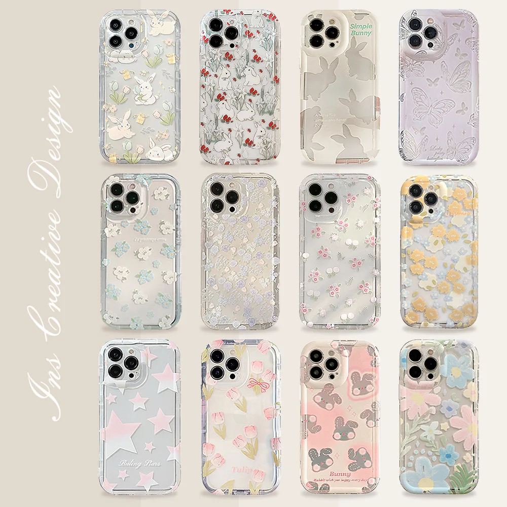 Phone Cases Cute Iphone 13 - Cute Cartoon Bunny Flower Transparent Series