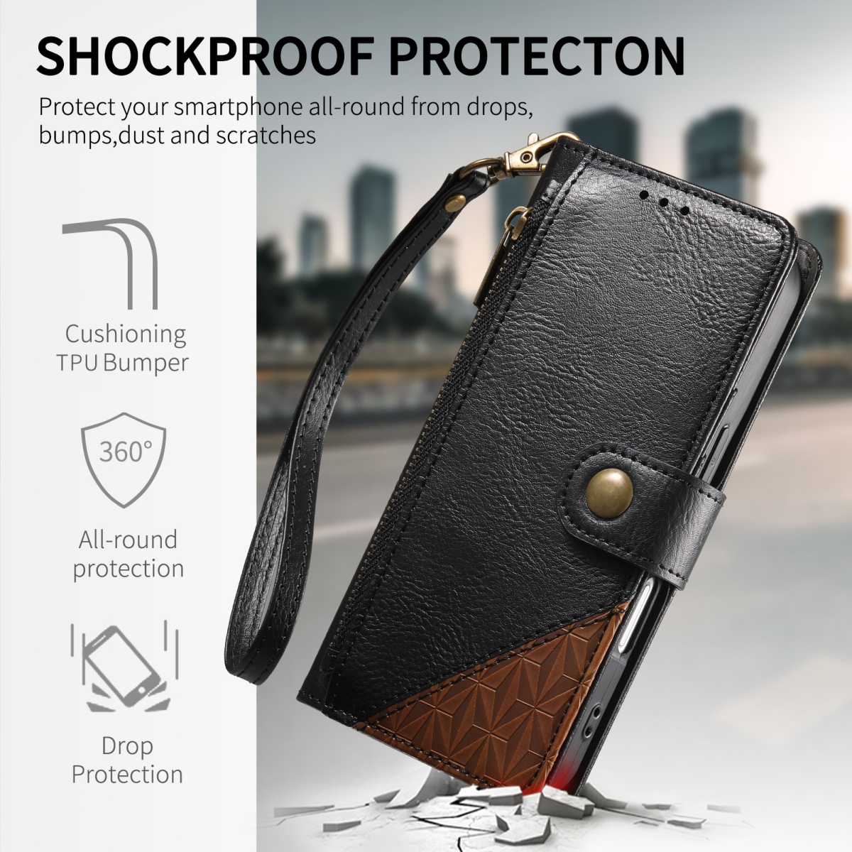 PU Leather Zipper Wrist Strap  - Phone Cases With Wallet review and price